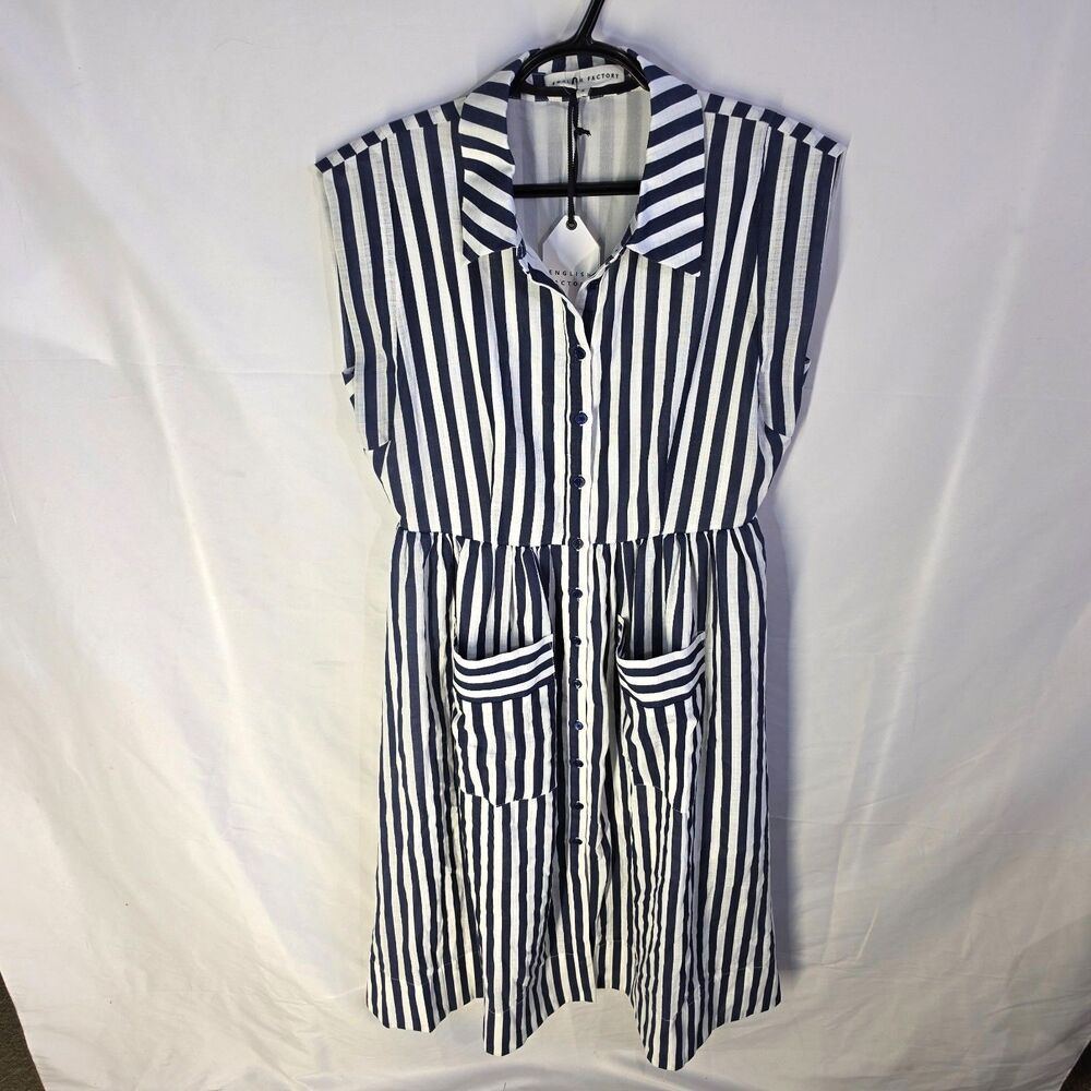 English Factory Striped Shirtdress Sleeveless Blue White Pleated Midi Dress S